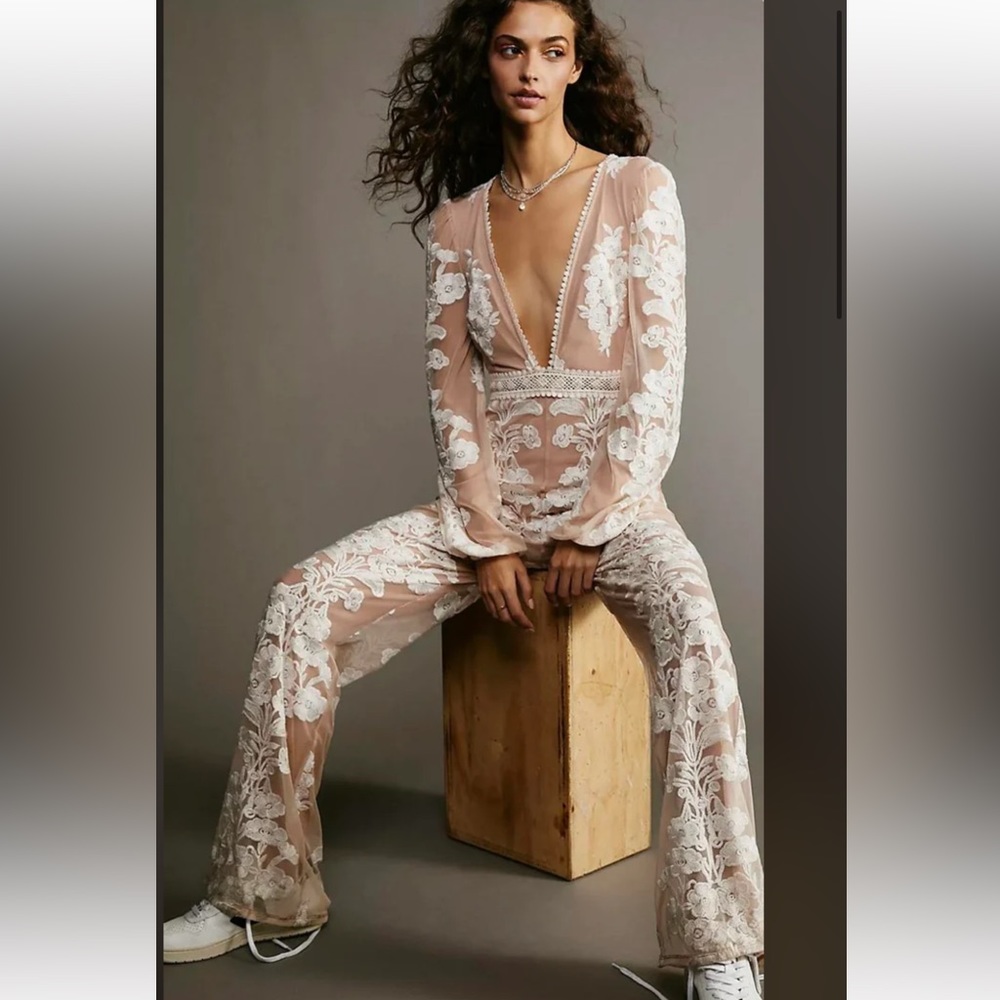 Free People For Love & Lemons Temecula Jumpsuit Floral Embroidery Ivory Nude